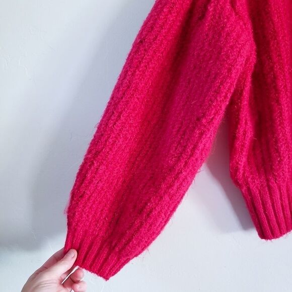 Chunky Knit Bright Pink Gathered Balloon Sleeve Crewneck Sweater - Picture 3 of 4